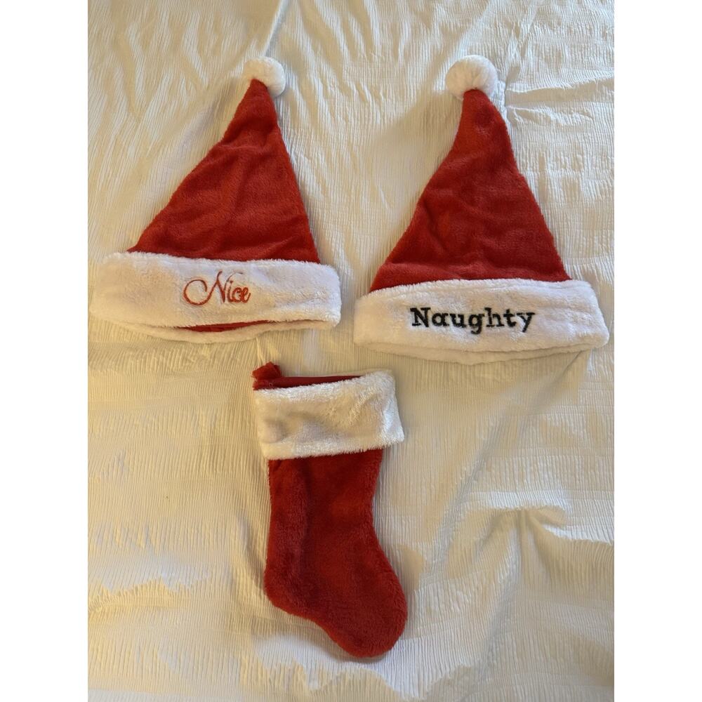 Lot of 2 Christmas Santa Hats Naughty Nice Embroidered Small Stocking Red